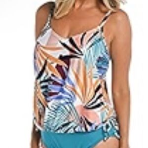 Women’s Tropical Leaf Print Tankini Top in Teal & Peach